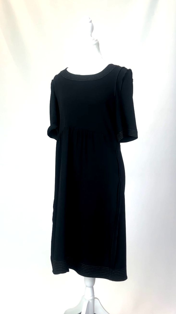 Sonia Rykiel, Black/Gold Lurex Topstitched  Exposed Seam Trims  S/Slv Dress , Size 42