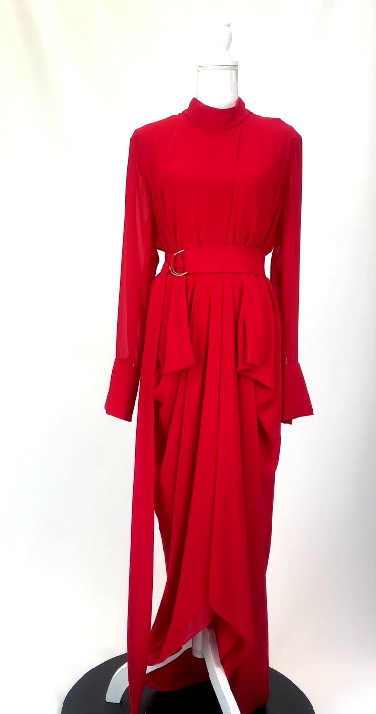 Carla Zampatti, Red Drape L/Sv Belted Midi Dress , Size 14
