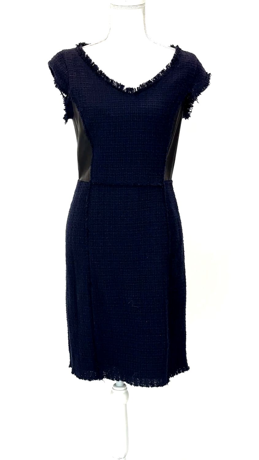 Rebecca Taylor, Navy/Black Leather /Tweed Panelled Cap Slv Dress , Size US6