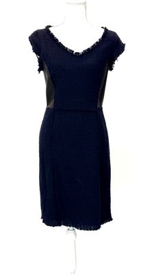 Rebecca Taylor, Navy/Black Leather /Tweed Panelled Cap Slv Dress , Size US6