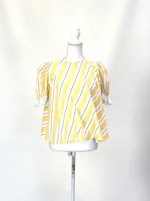 anna october, Yellow/White/Brown Diagonal Stripe Lace Trim Puff 1/2 Slv  Top , Size XL