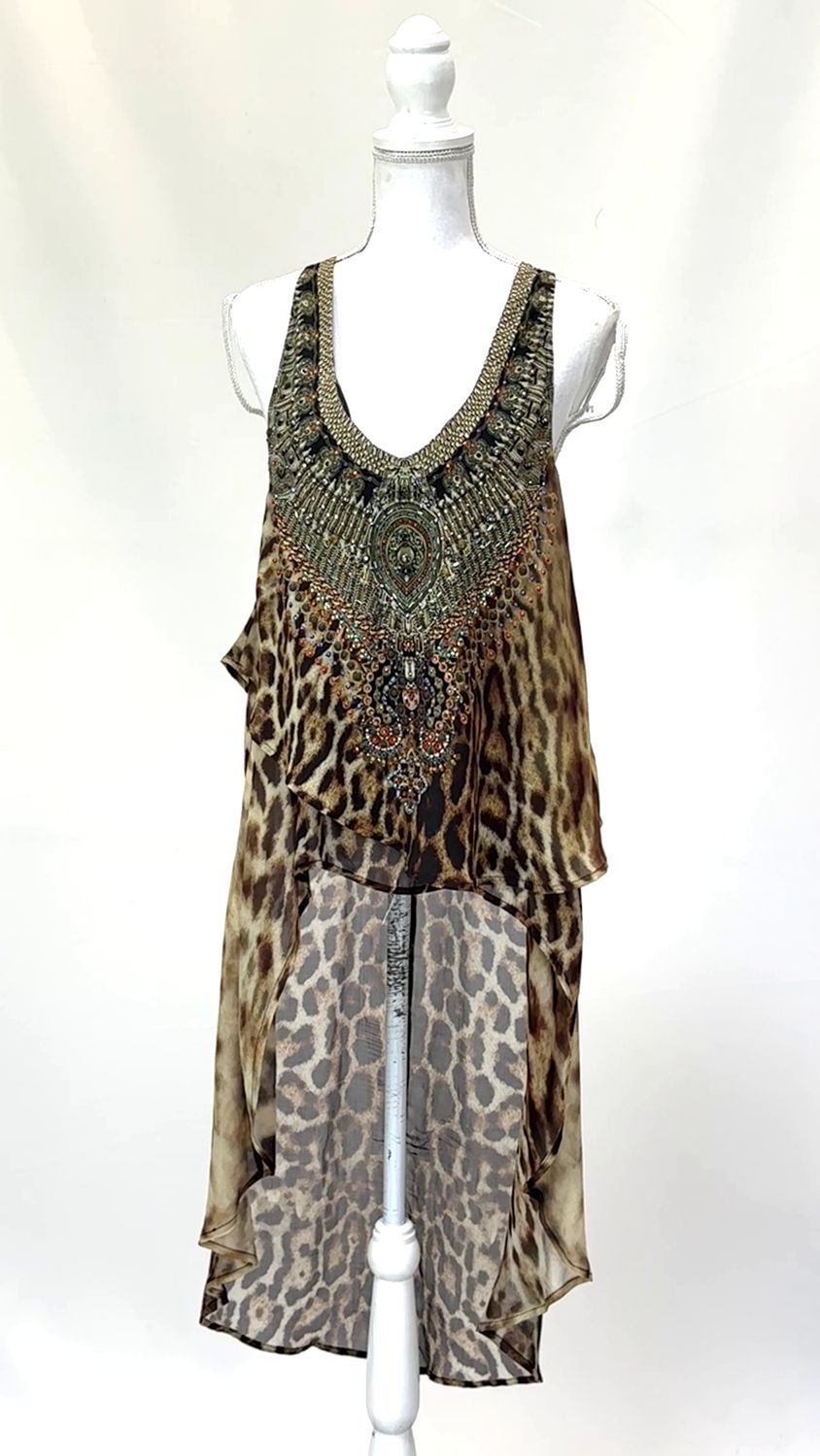 Camilla, Browns/Cream Animal Print Crystal Embellished V-Neck Layered Drop Back Hem Silk  Top , Size 2