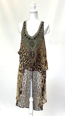 Camilla, Browns/Cream Animal Print Crystal Embellished V-Neck Layered Drop Back Hem Silk  Top , Size 2