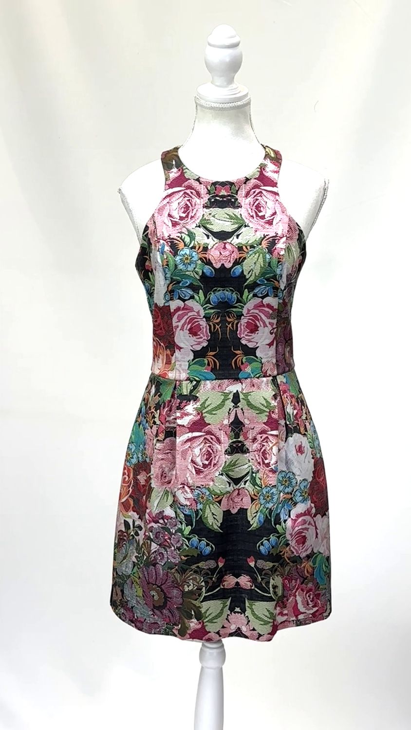 Nicholas, Pinks/Green/Blk/Multi Floral Print Pleat Waist Silk S/Less Dress , Size 10