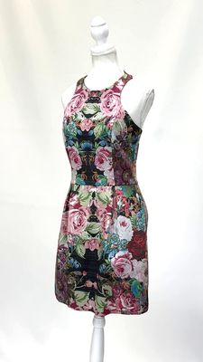 Nicholas, Pinks/Green/Blk/Multi Floral Print Pleat Waist Silk S/Less Dress , Size 10
