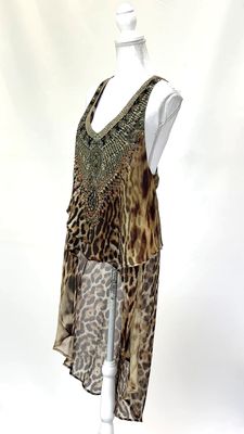 Camilla, Browns/Cream Animal Print Crystal Embellished V-Neck Layered Drop Back Hem Silk  Top , Size 2