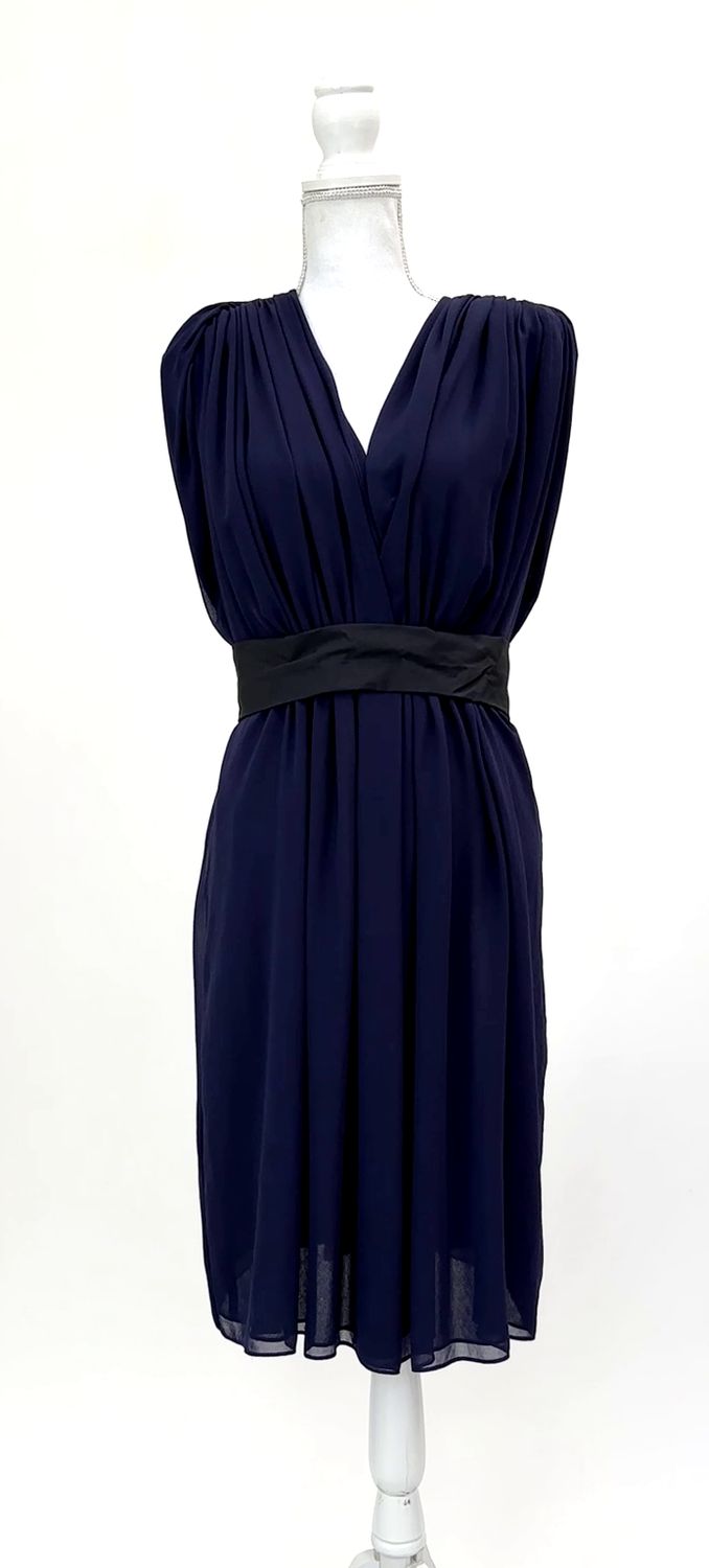 Carla Zampatti, Navy/Black Deep V-Neck Ruched Gathered Shoulder Front S/Less Dress W/Contrast Waistband Belt, Size 10