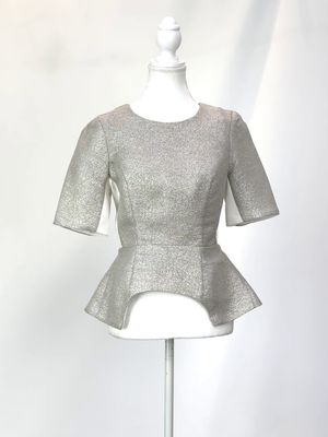 White Suede, Silver/Gold/Ivory Panelled Shimmer Shaped Peplum S/Slv Top , Size 8