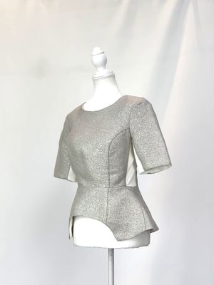 White Suede, Silver/Gold/Ivory Panelled Shimmer Shaped Peplum S/Slv Top , Size 8