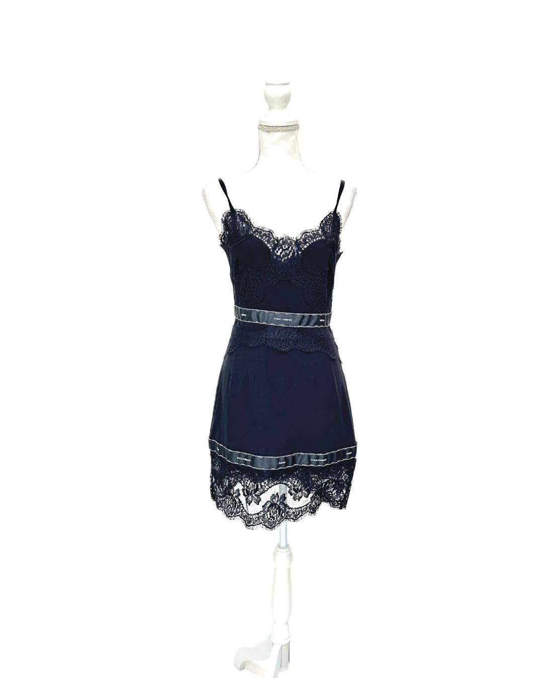 Dolce &amp; Gabbana, Black/White Topstitch Logo Queen Ribbon Lace Trims Strappy Slip Dress . Size S/M. * As Is - Labels Missing