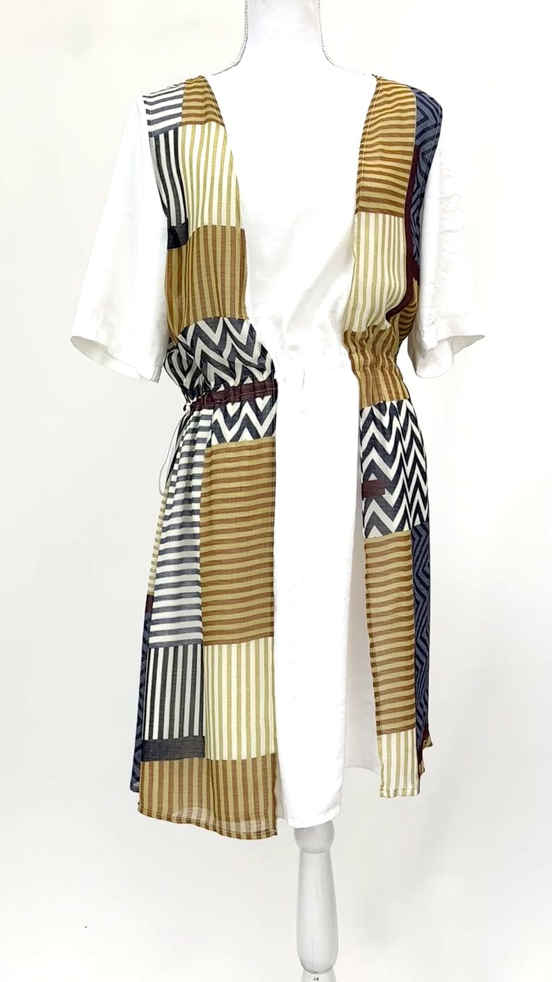 Dacei, Ivory/Navy/Green/Multi Stripe/Zigzag Overlay Print D/String Waist S/Slv Dress, Size 44