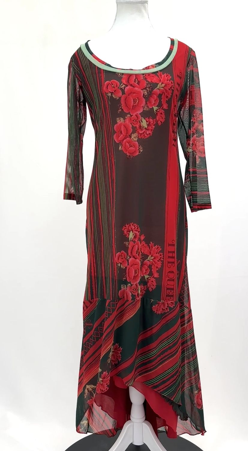 Save The Queen, Red/Green Floral/Stripe Long Tail Hem L/Slv Mesh Dress, Size XL