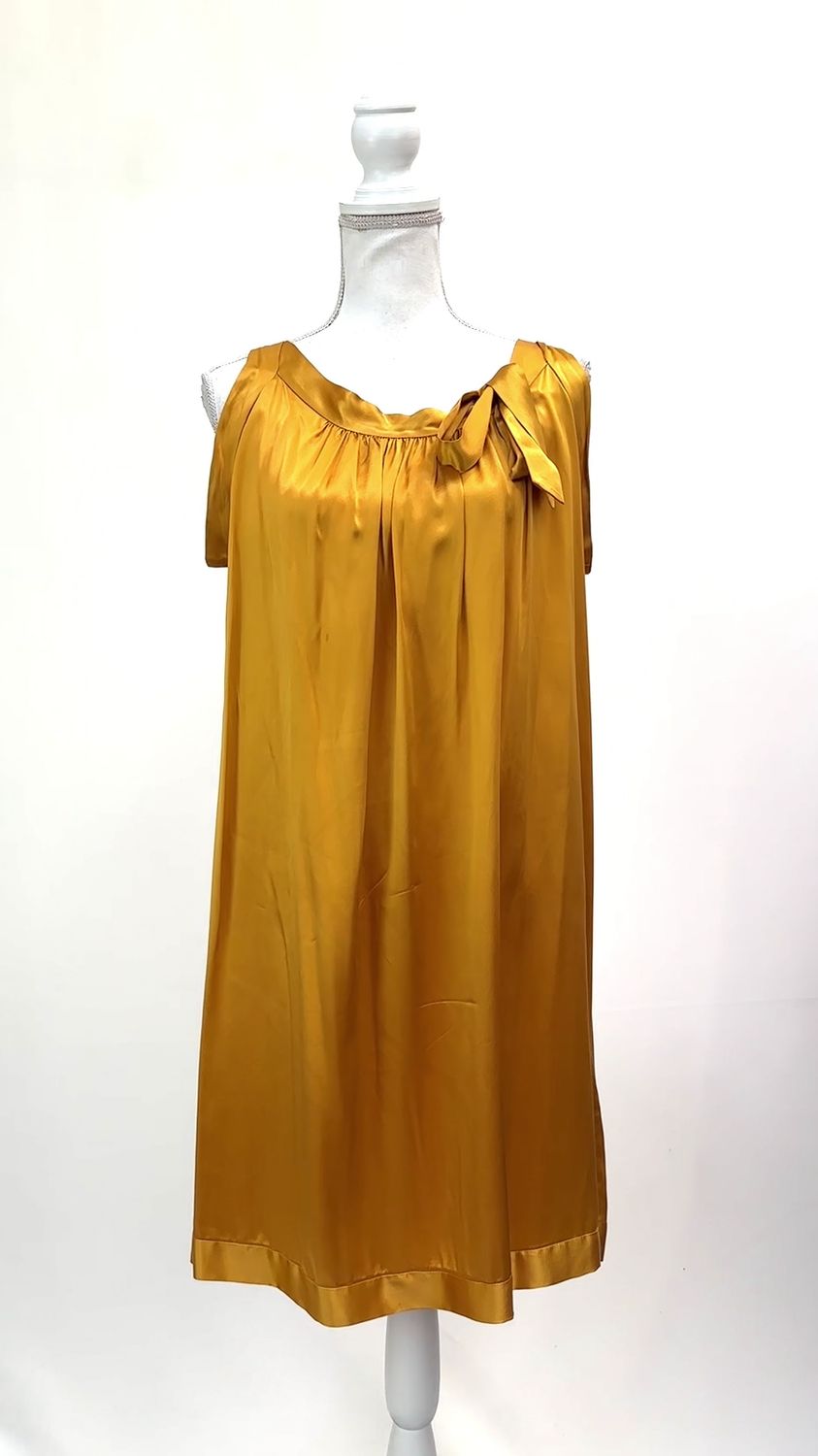 Satch, Gold Wide Tie Strap Neckline Gathered Full Hem Silk Dress, Size M/L