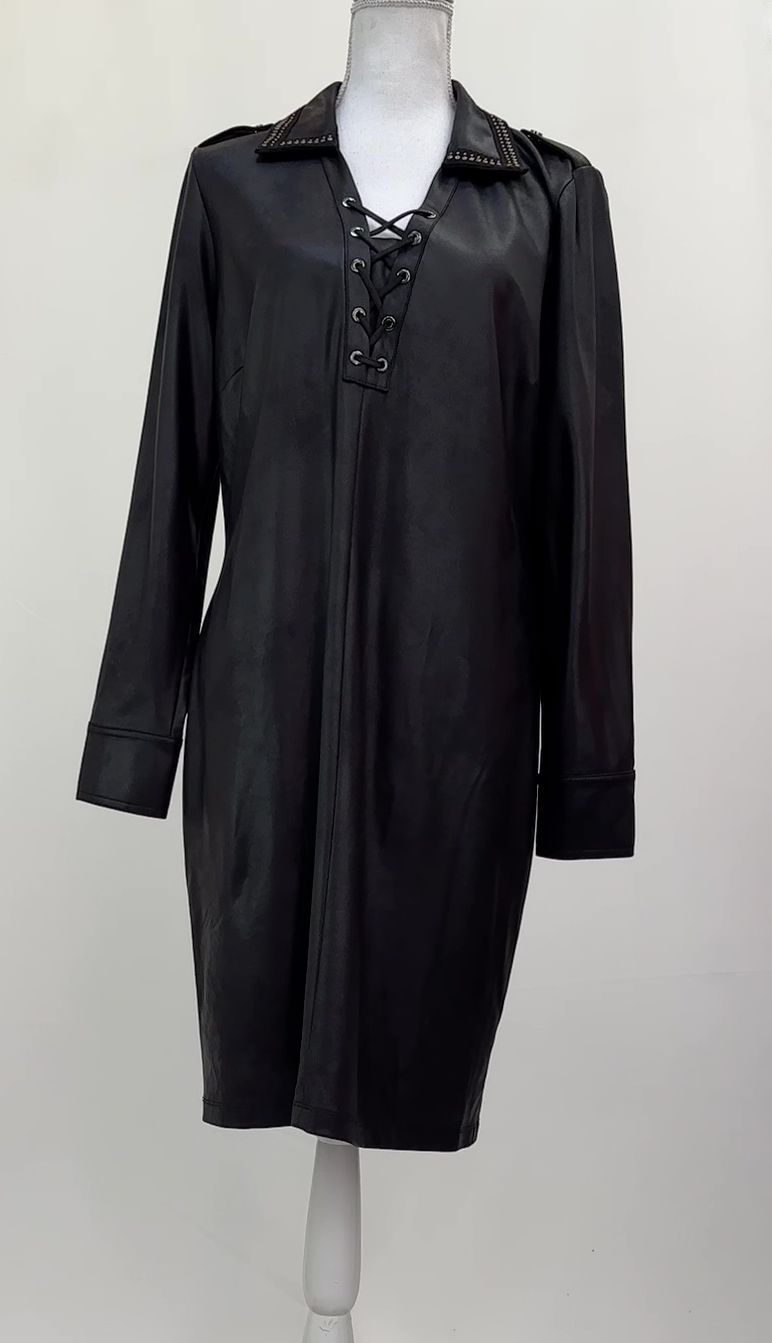 Eva Kayan, Black/Silver/Brass Beaded Collar V-Lacing Neckline L/Slv Sheen Midi Dress, Size 44