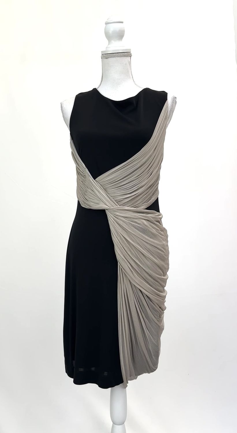 Willow, Black/Beige Mesh Drape Pleated S/Less Dress, Size 12