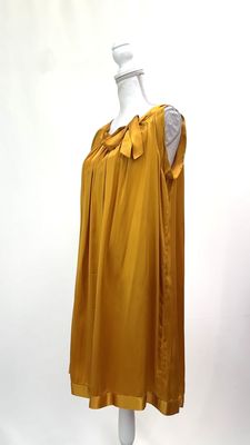 Satch, Gold Wide Tie Strap Neckline Gathered Full Hem Silk Dress, Size M/L