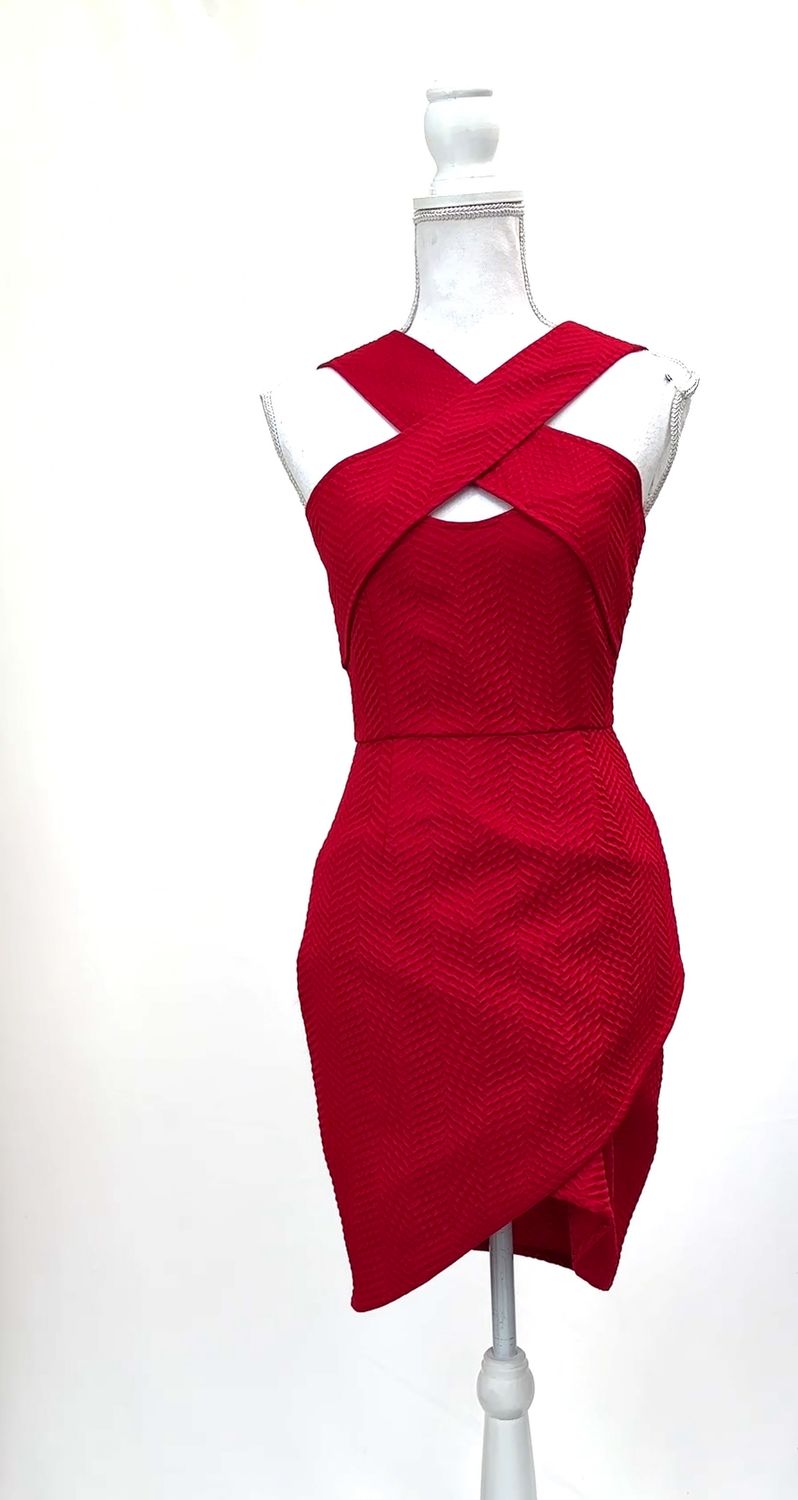 C&amp;M Camilla and Marc, Red Textured Cross Front Strap Dress, Size 8