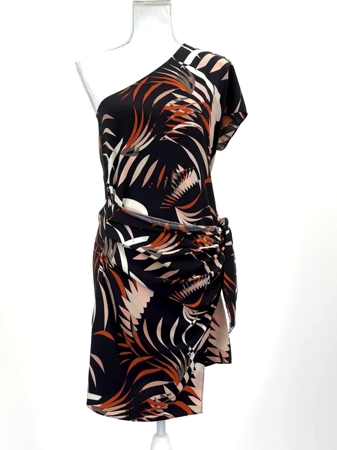 Trouve, Black/Orange/Multi Asymmetrical One Slv Wrap Tie Waist  Dress, Size S