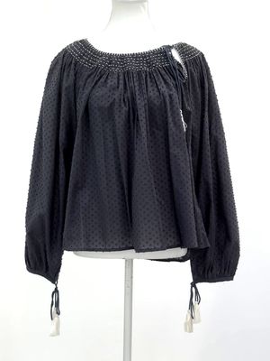 Star Mela, Grey/White Stitched Textured Flock Wide Side Tie Neck Blouson L/Slv Top, Size M