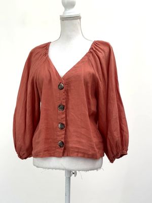 Daryn Matthew, Rust V-Button Up Blouson L/Slv Linen Top, Size M