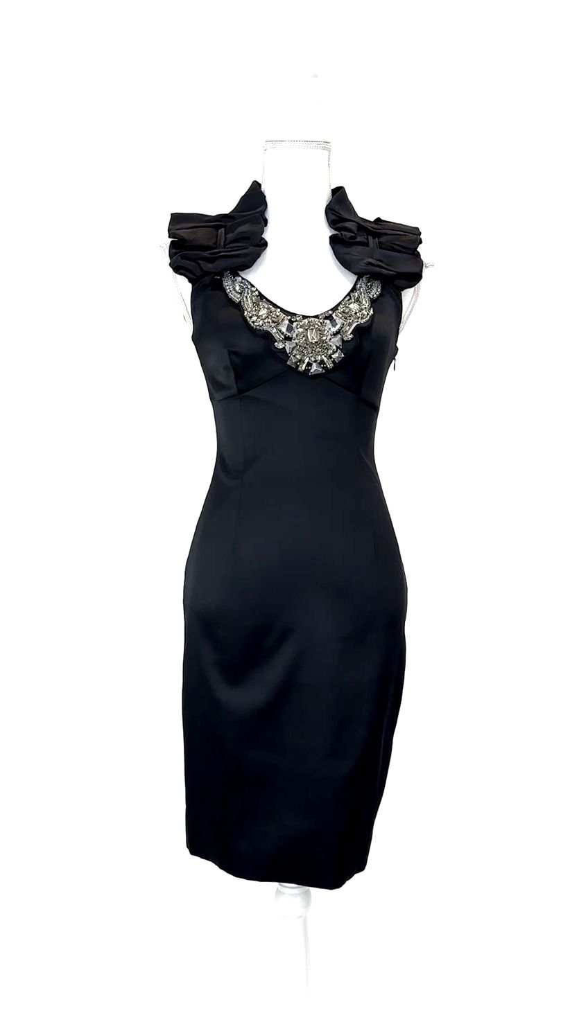 Karen Millen, Black Ruched Pleat Straps Silk Dress W/Beaded Tie Collar Necklace, Size US4/UK8