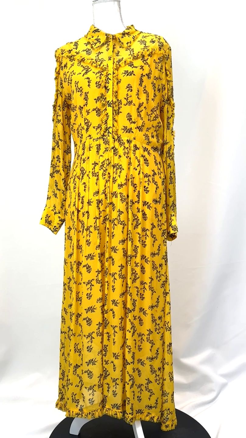 lala Berlin, Yellow/Black/White Floral Collared Button-Neck Pleated Frill Trims L/Lsv Midi Dress, Size M