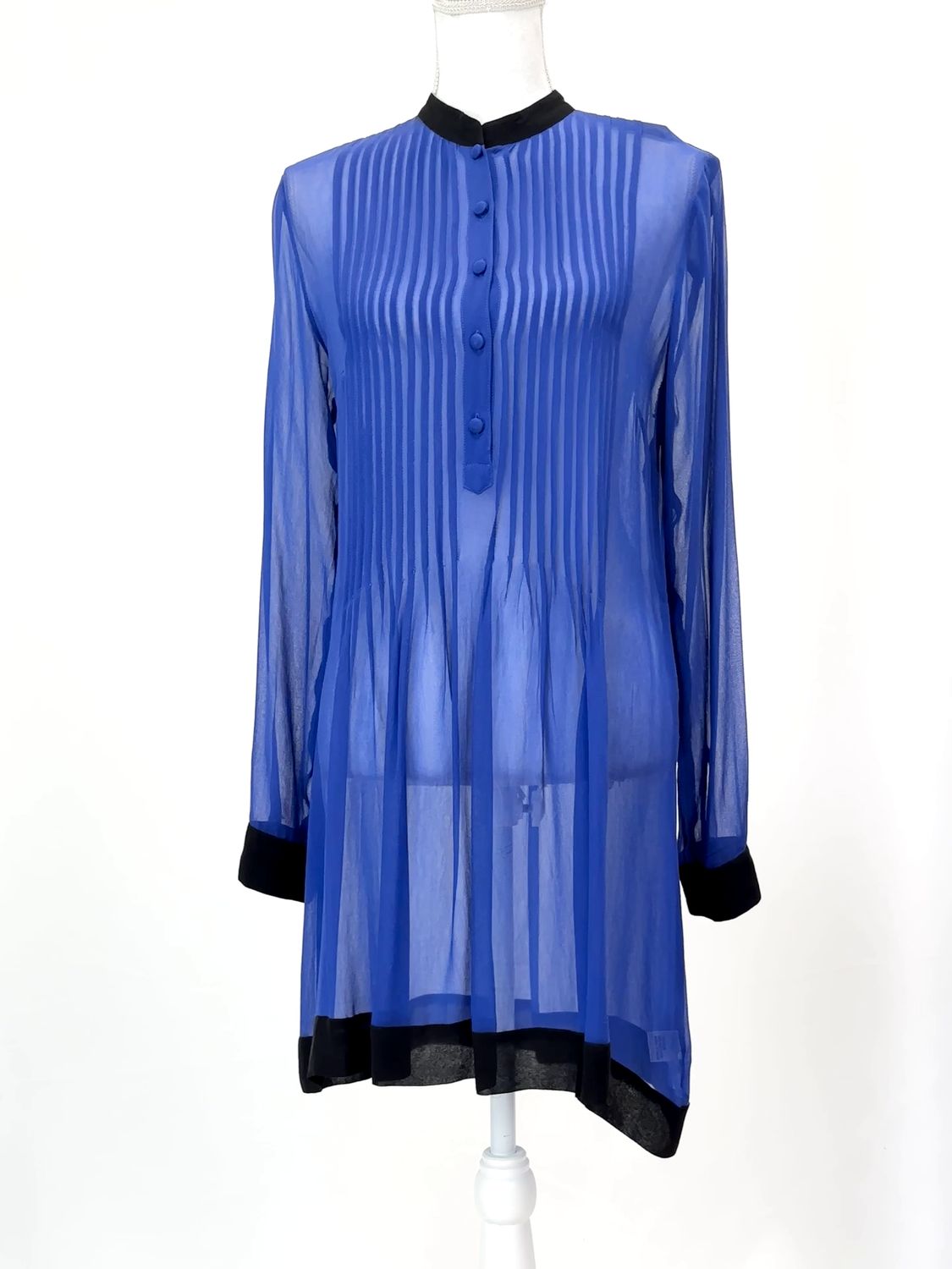 Rebecca Thompson, Blue/Black Pintuck Button Neckline L/Slv Silk Dress