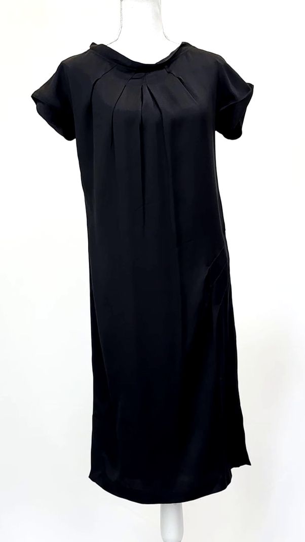 Ginger &amp; Smart, Black Twill Silk Pleat Neck Cap Slv Midi Dress, Size 10