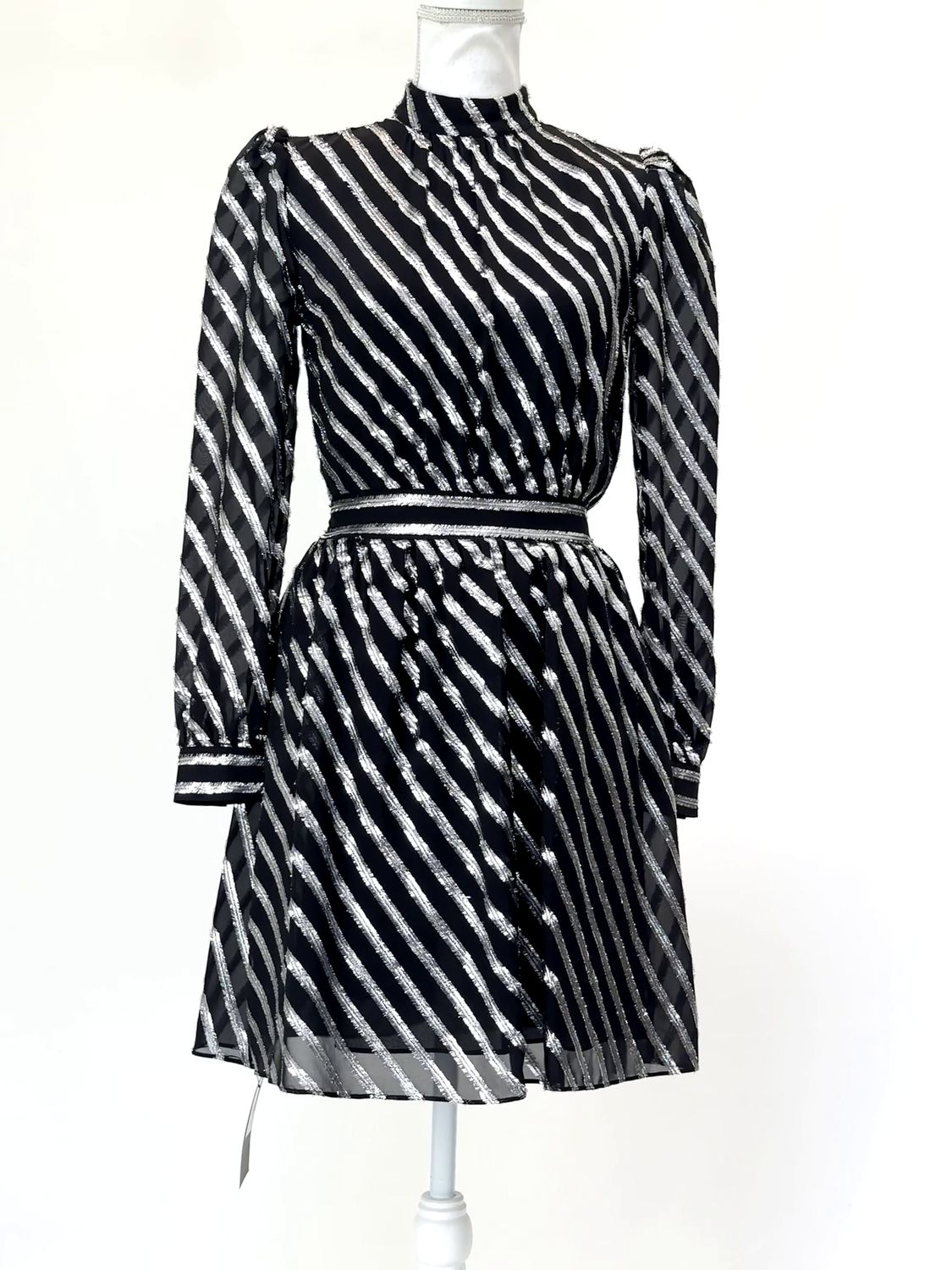 Michael Kors, Black/Silver Lurex Linear Patterned L/Slv Dress, Size 0