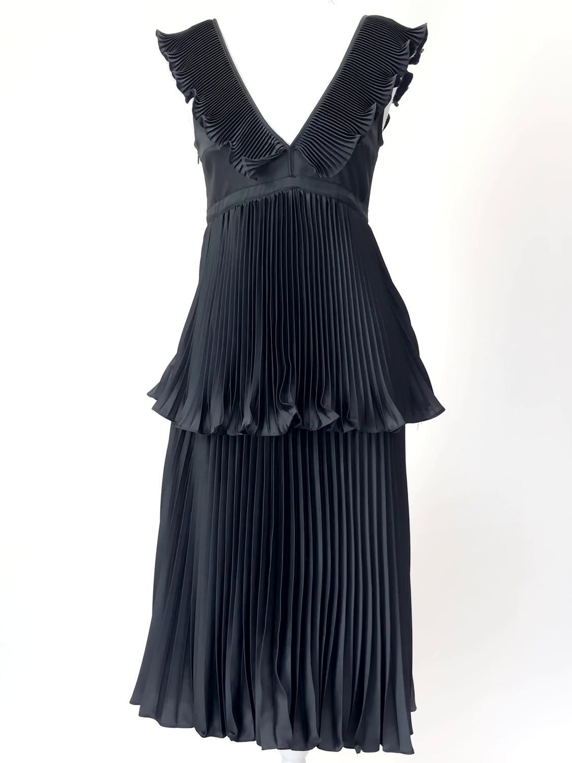 Ochirly, Black Double V Pleat Ruffle Tiered Hem Strap Dress, Size S