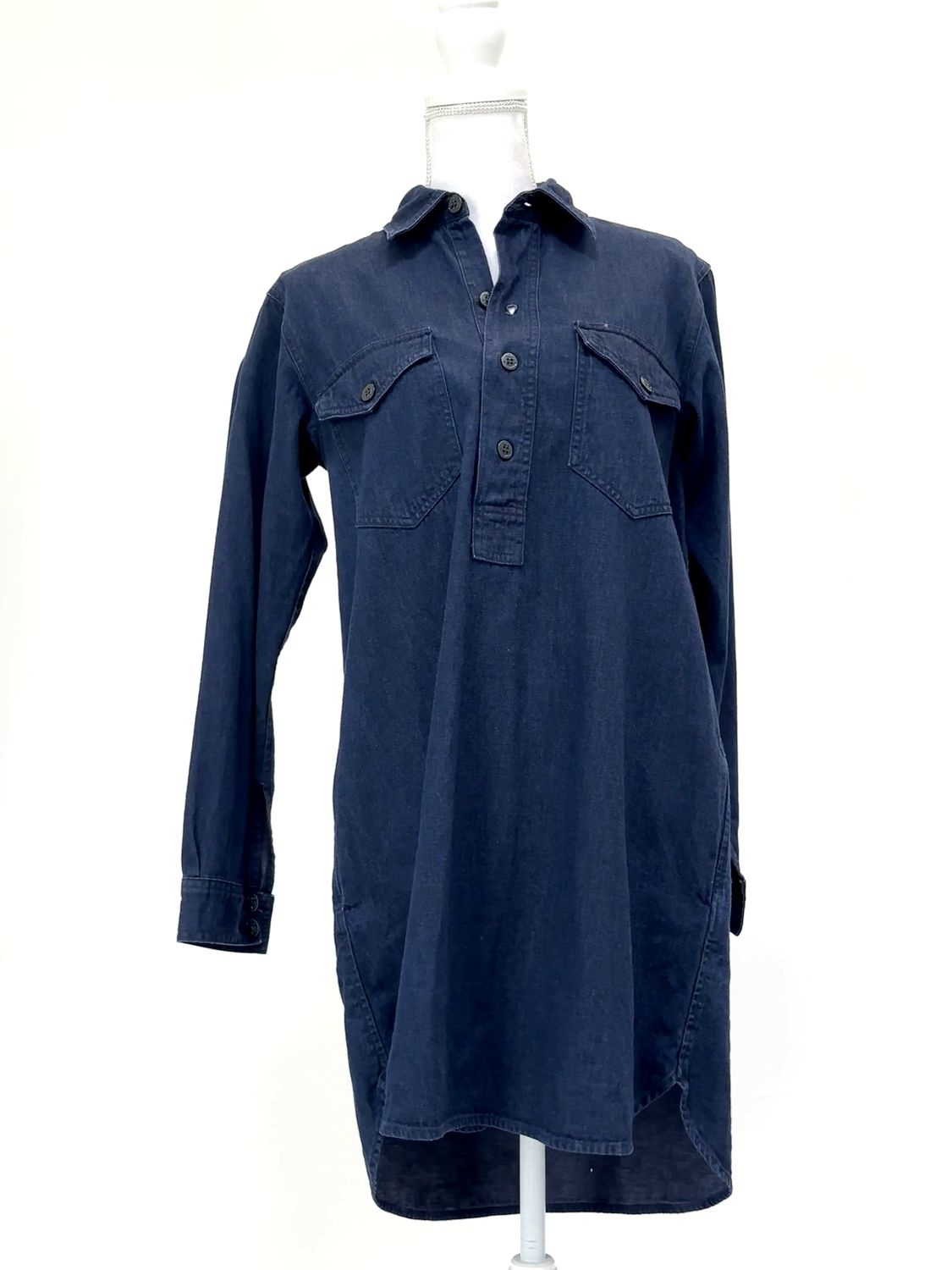 Polo Ralph Lauren, Indigo Button Placket Front Collared L/Slv Denim Dress W/Patch Pkt + Epaulettes, Size S