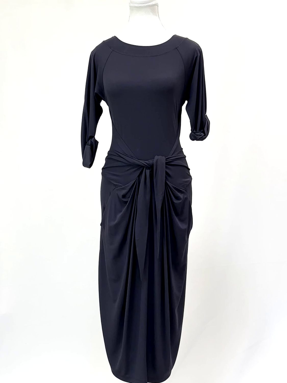 Donna Karan, Navy Wide Neck Pleat Drape Tie Waist 3/4 Rolled Slv Midi Dress, Size M