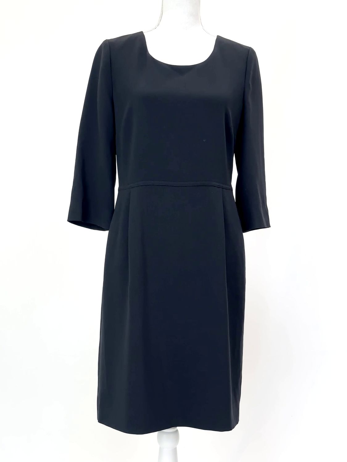 Jaeger, Black Round Neck Pleat Waist Pkt 3/4 Slv Midi Dress, Size 12