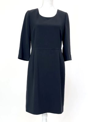 Jaeger, Black Round Neck Pleat Waist Pkt 3/4 Slv Midi Dress, Size 12