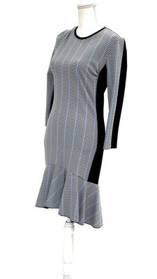 Pinko, Black/White/Blue Houndstooth Check Front Flounce Hem 3/4 Slv Dress, Size US6/GB10