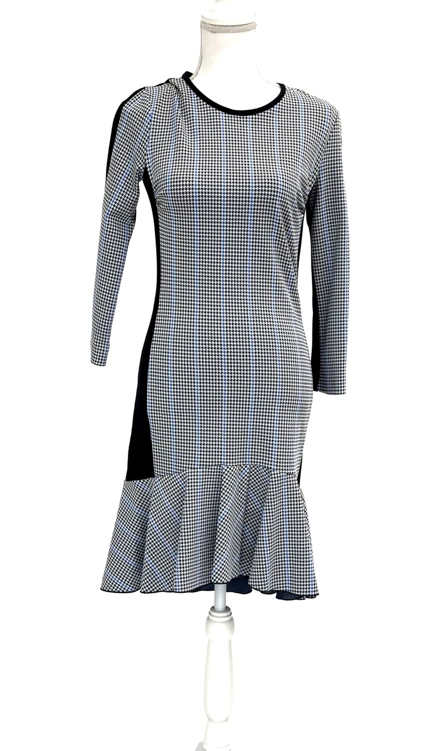 Pinko, Black/White/Blue Houndstooth Check Front Flounce Hem 3/4 Slv Dress, Size US6/GB10