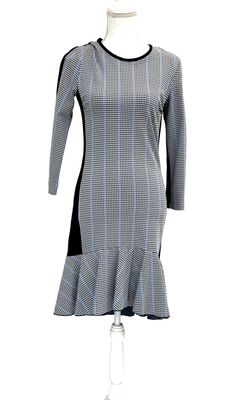 Pinko, Black/White/Blue Houndstooth Check Front Flounce Hem 3/4 Slv Dress, Size US6/GB10