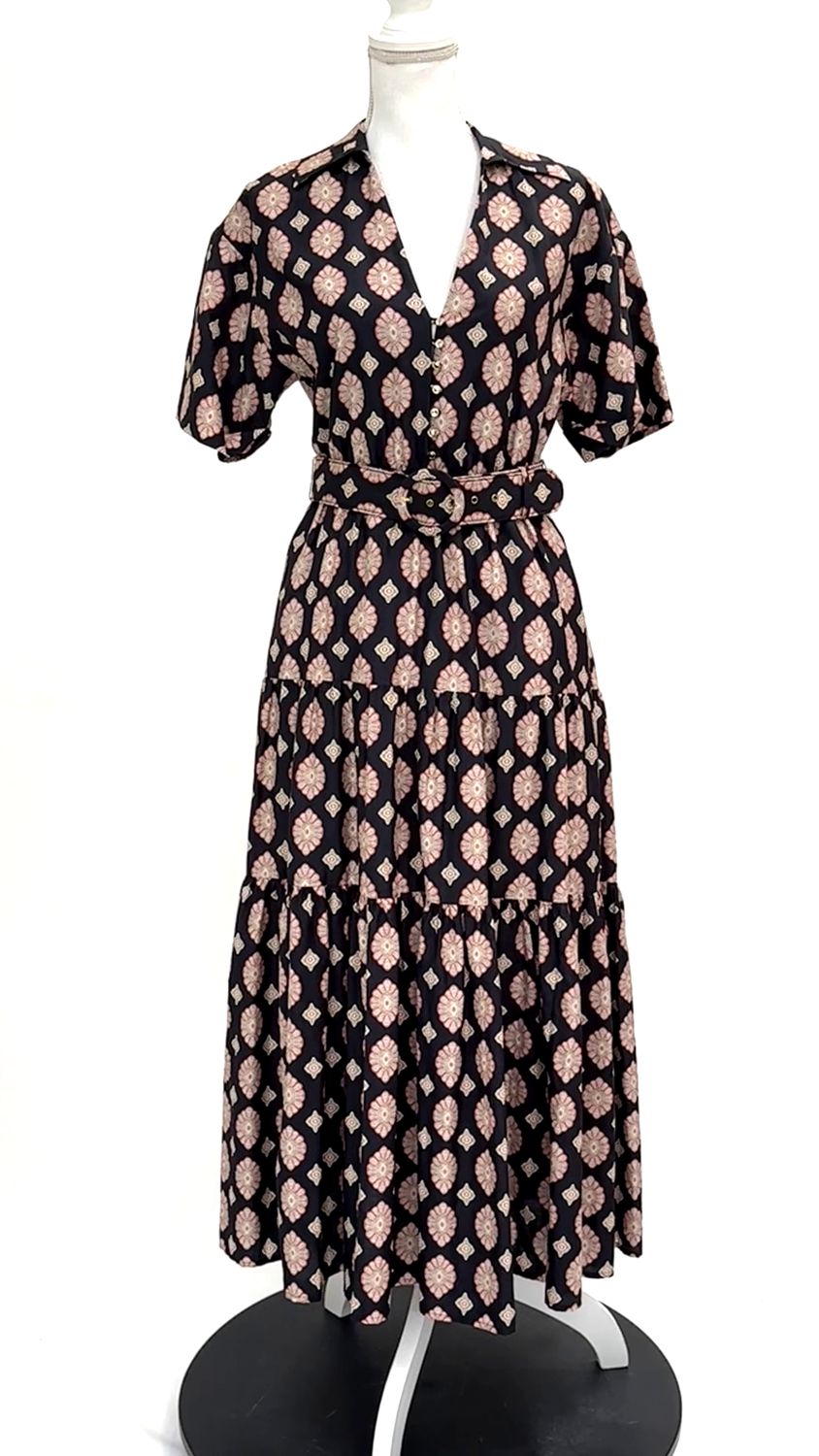 Nicholas, Ink/Orange/Blush Print Collared Button Neck S/Slv Midi Dress W/Buckle Belt, Size 6