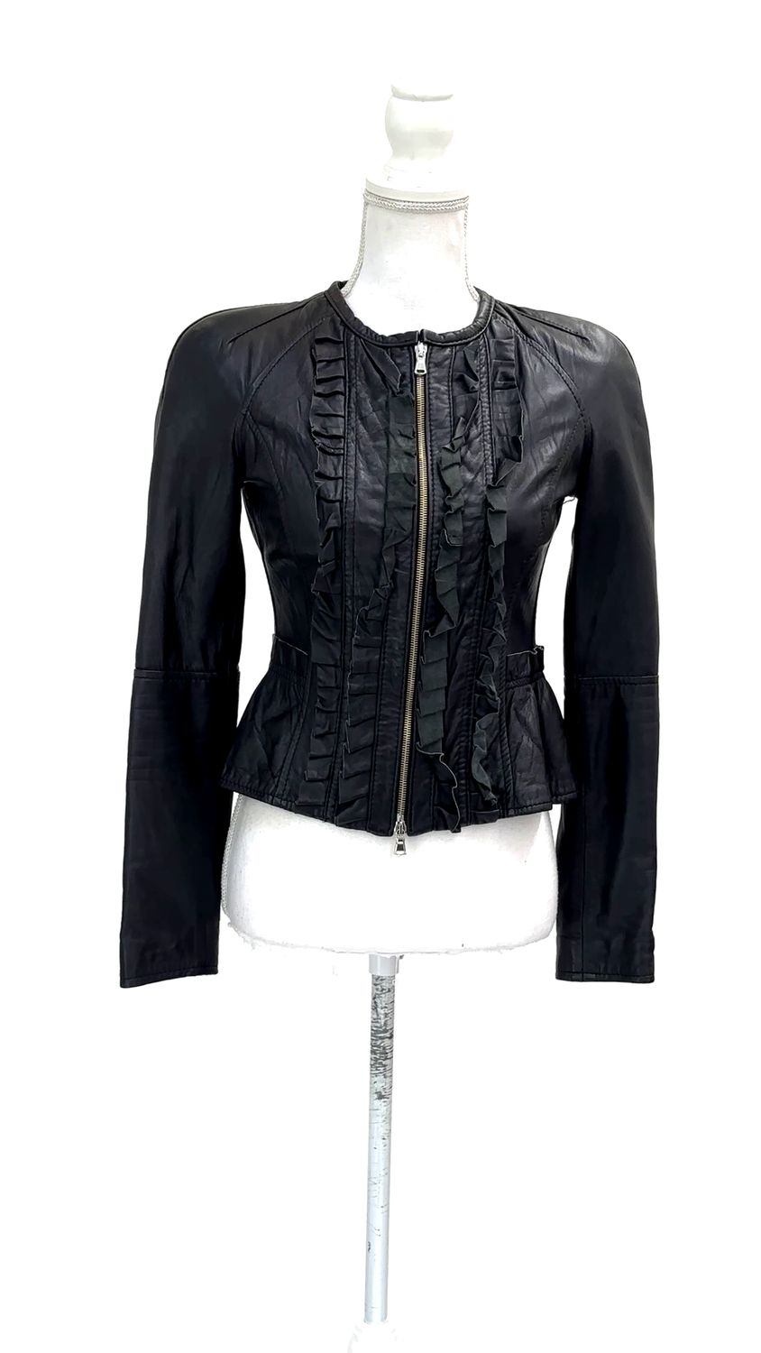 Imperial, Black Frill Zip Front Leather Jacket, Size XS