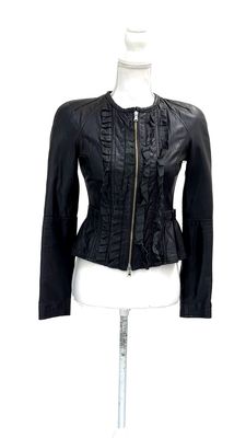 Imperial, Black Frill Zip Front Leather Jacket, Size XS