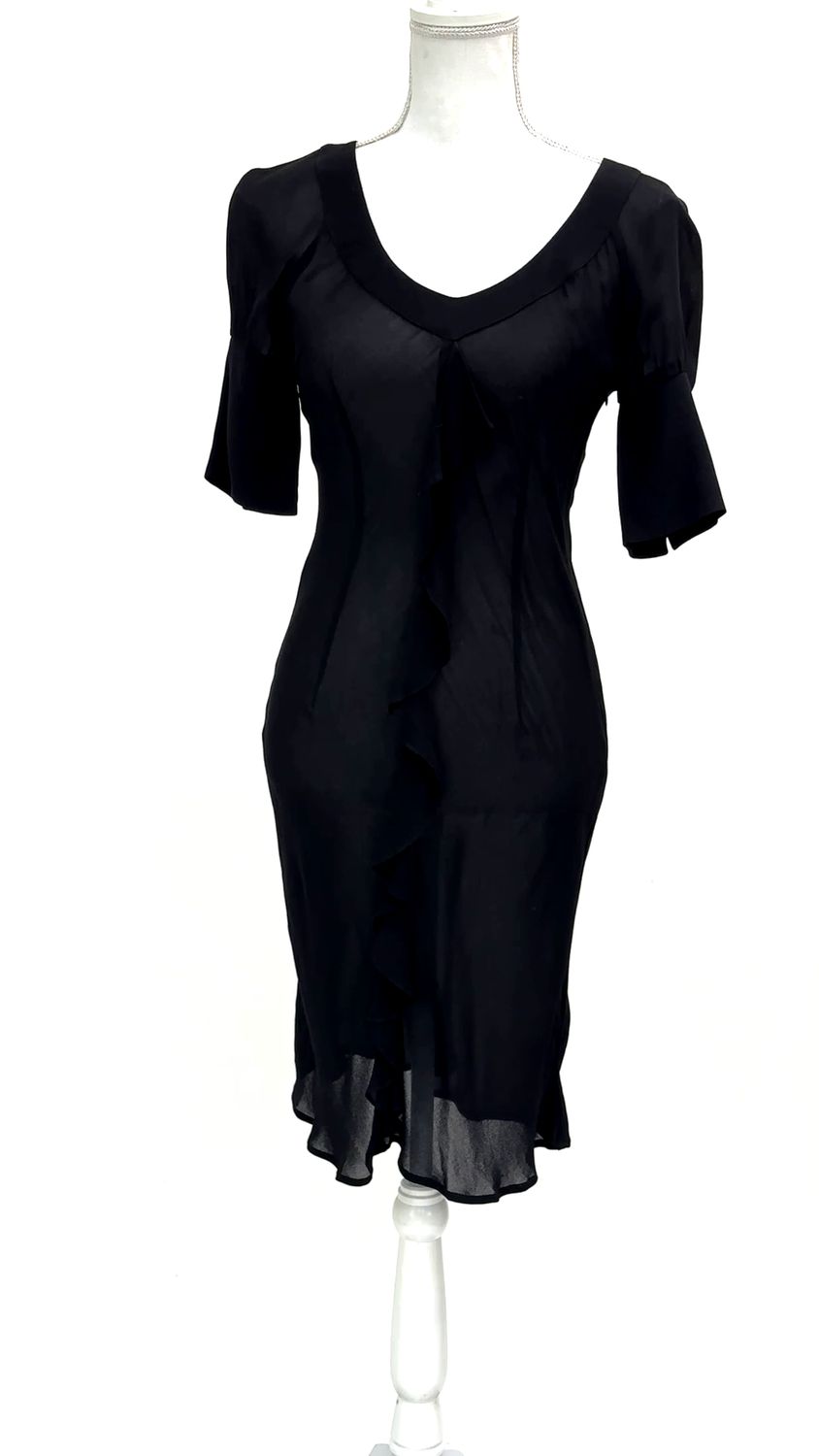 Max &amp; Co, Black Deep V-Neck Ruffle Front 1/2 Slv Bias  Dress, Size US2/GB6
