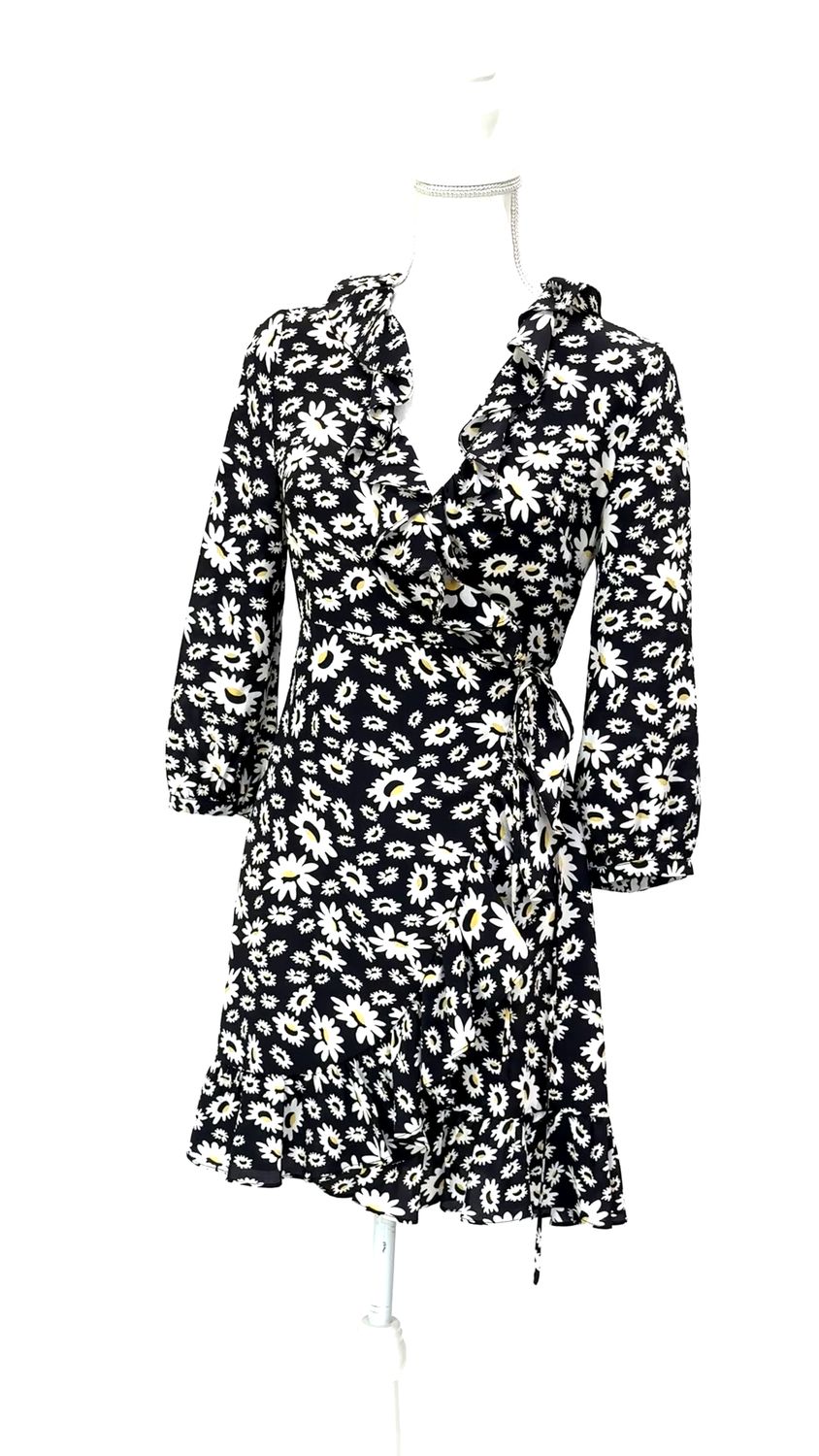 Rixo, Black/White/Yellow Floral Print Crossover Wrap Tie Waist Frill 3/4 Slv Silk Dress, Size S