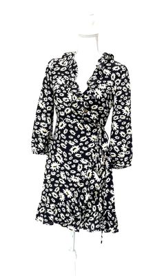 Rixo, Black/White/Yellow Floral Print Crossover Wrap Tie Waist Frill 3/4 Slv Silk Dress, Size S