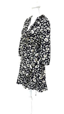 Rixo, Black/White/Yellow Floral Print Crossover Wrap Tie Waist Frill 3/4 Slv Silk Dress, Size S