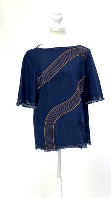 Karen Walker, Indigo/Orange Topstitch Patch Pkt 1/2 Slv Denim Top, Size UK12