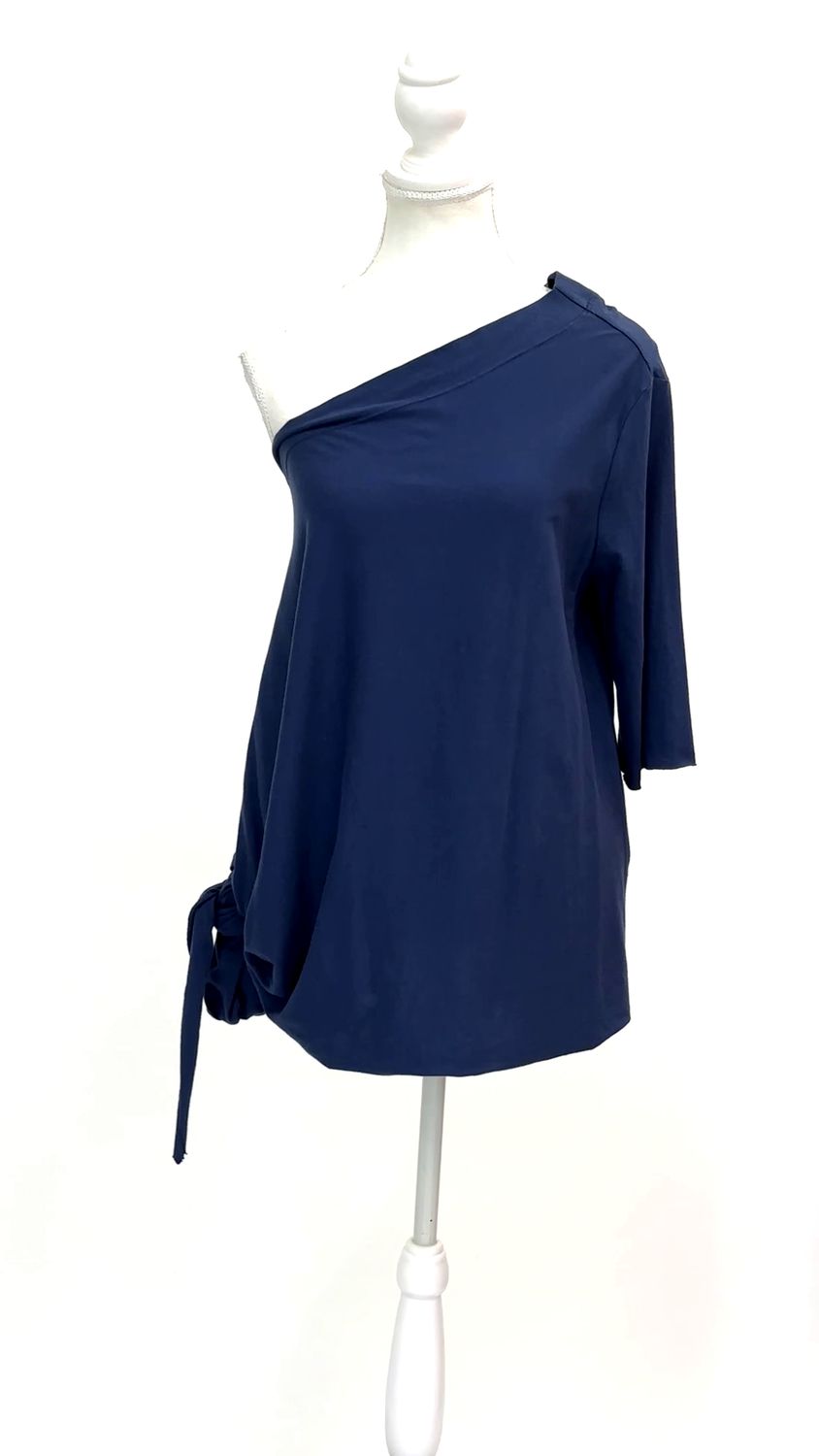 Scanlan Theodore, Navy Asymmetrical One Shoulder Tie Waist Tee, Size 8