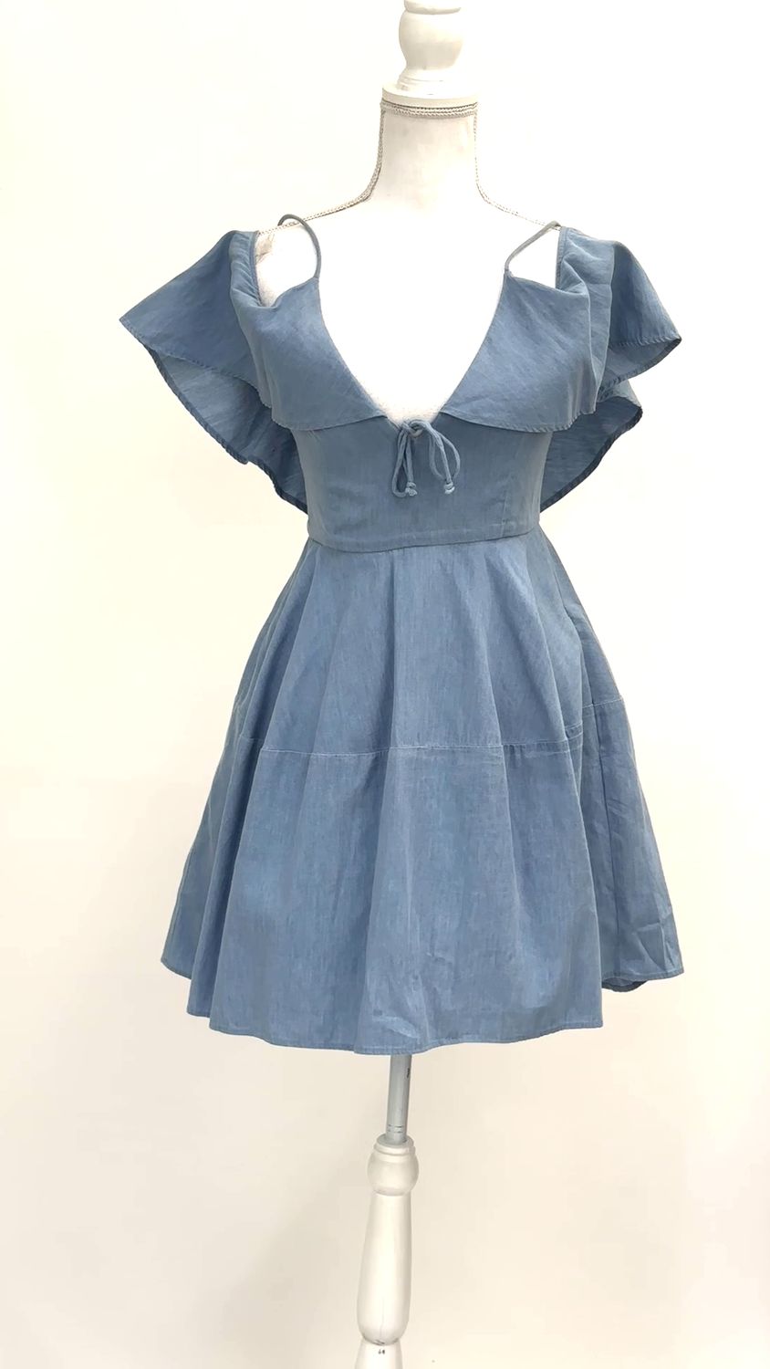 n/nicholas, Light Blue Chambray Bare Shoulder Strappy Flounce Neckline  Dress, Size 8