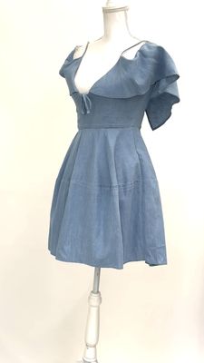 n/nicholas, Light Blue Chambray Bare Shoulder Strappy Flounce Neckline  Dress, Size 8