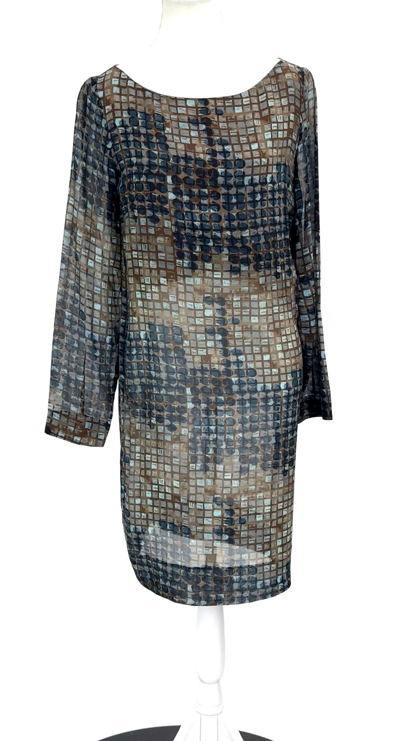 Piazza Sempione, Khaki Green/Teal Geometric Print L/Lsv  Dress, Size S/M