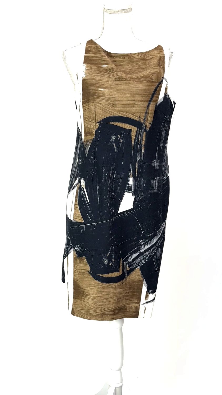 Max Mara, White/Khaki/Black Abstract Print S/Less Midi Dress, Size US10/GB10